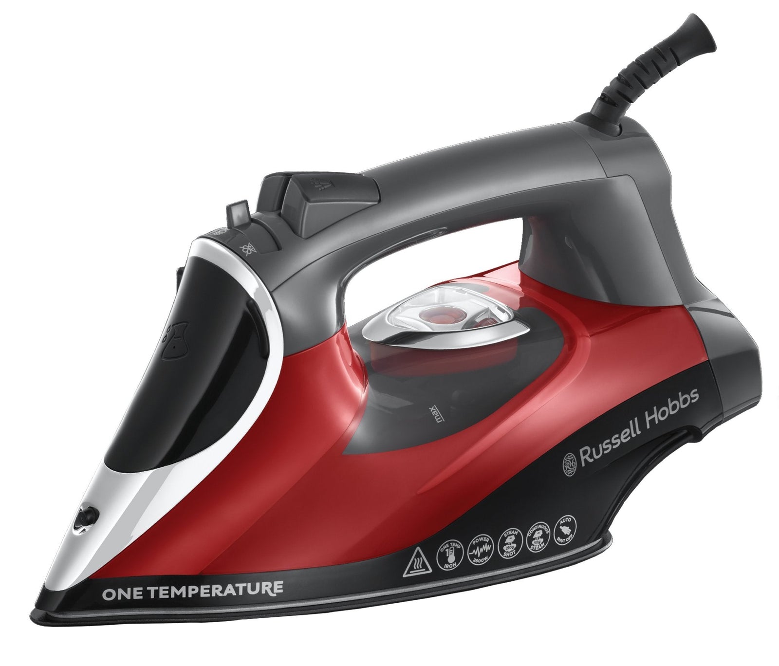 Russell Hobbs 2600W One Temperature Steam Iron, 350ml Capacity, Safe for all Fabrics Ironing & 50 g Steaming Including Abaya, Non-Stick Soleplate, Three-Way Safety Auto Shut off – 25090 (Black & Red)