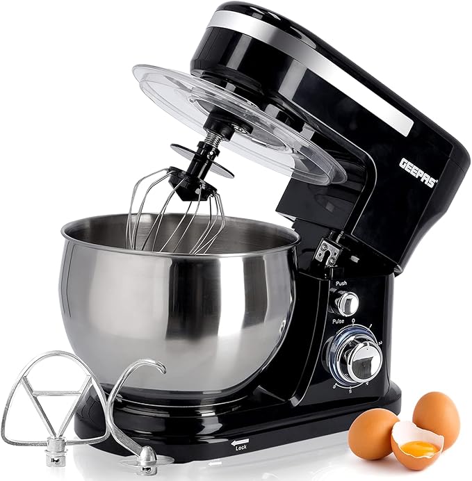 Geepas 5L Food Stand Mixer | 1000W Stainless Steel Mixing Bowl & Splash Guard | 6 Speed With Pulse & Balloon Whisk Flat Beater & Dough Hook | 2 Years Warranty, Black, Gsm43038UK
