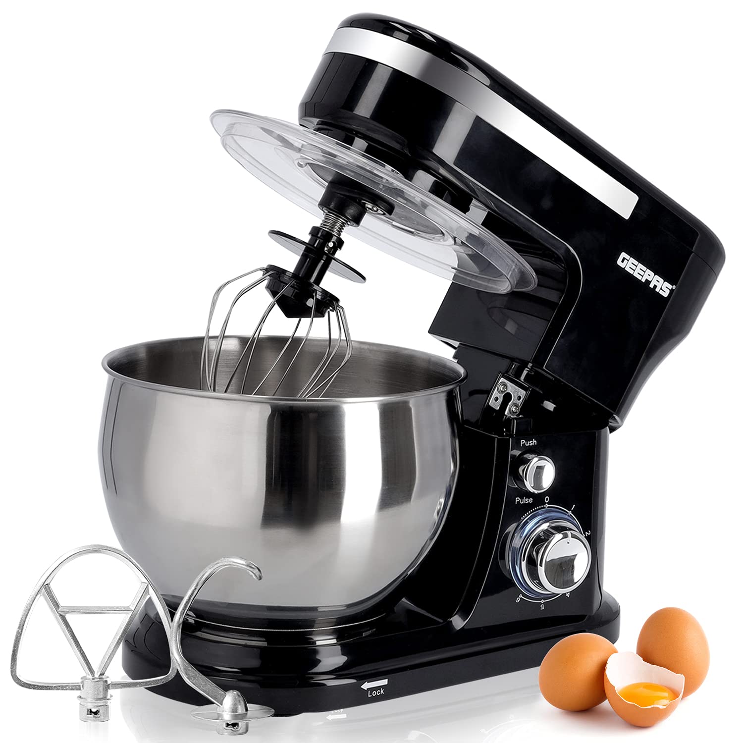 Geepas 5L Food Stand Mixer | 1000W Stainless Steel Mixing Bowl & Splash Guard | 6 Speed With Pulse & Balloon Whisk Flat Beater & Dough Hook | 2 Years Warranty, Black, Gsm43038UK