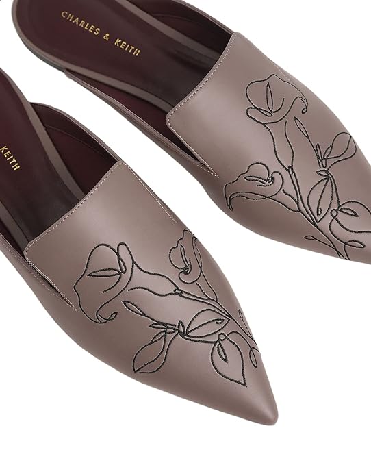 CHARLES & KEITH Floral Embroidered Pointed Toe Faux Leather Slip-On Mules for Women