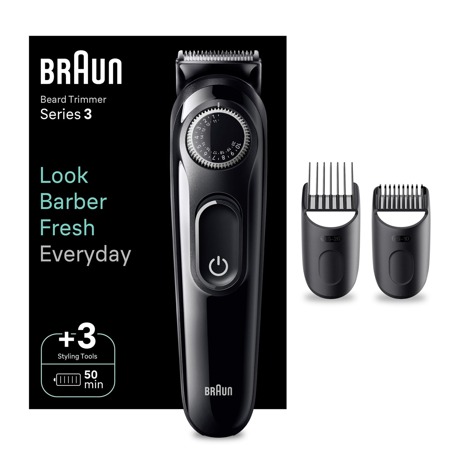 Braun Beard Trimmer Series 3 3410, Trimmer For Men with Styling Tools and 50-min Runtime