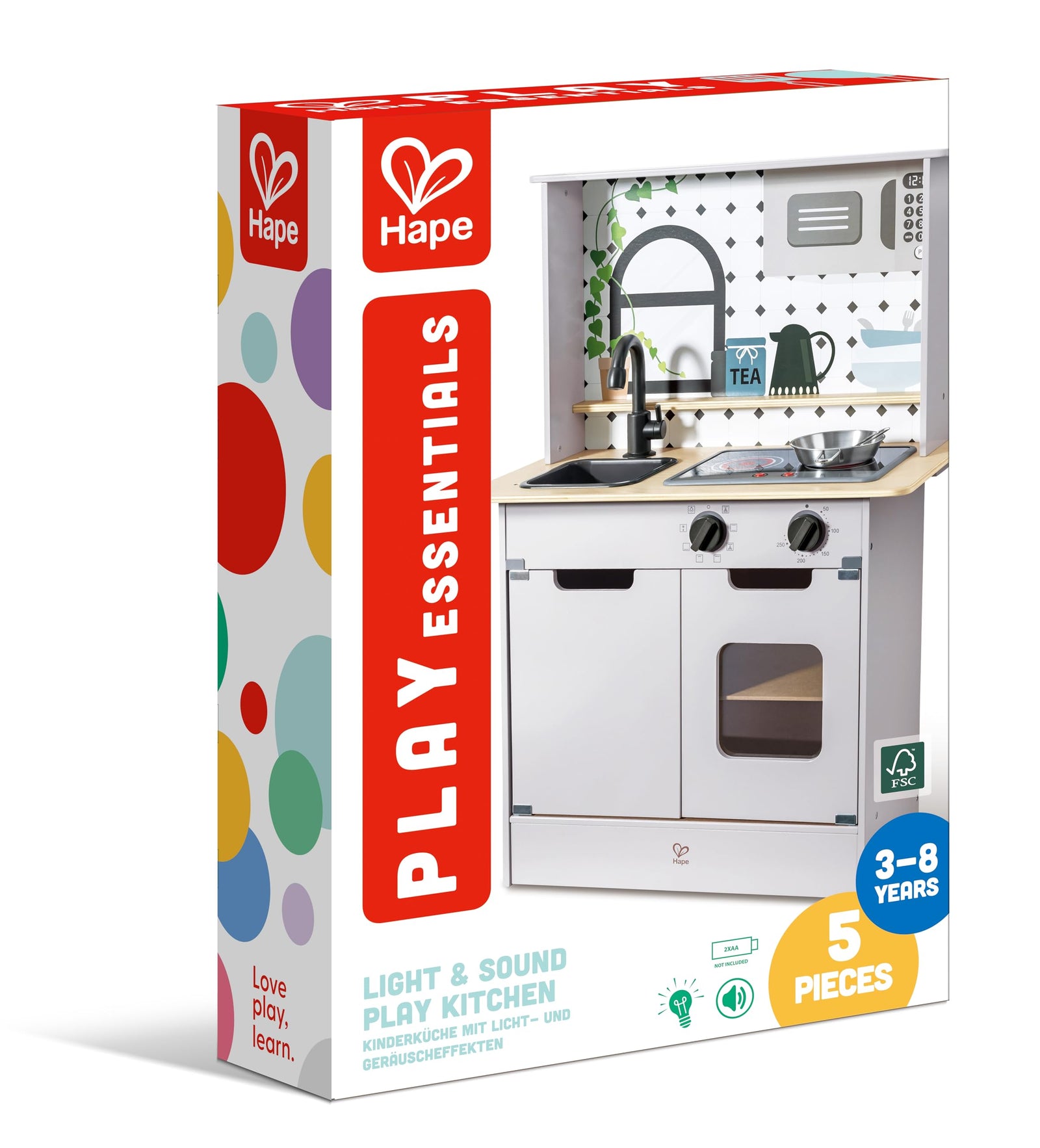 Hape Light and Sound Kitchen Playset | Stainless Steel Accessories with Sound Making Microwave Oven and Sink | Toddler Cooking Pretend Play Wooden Kitchen | Role Play Toy Set for Kids