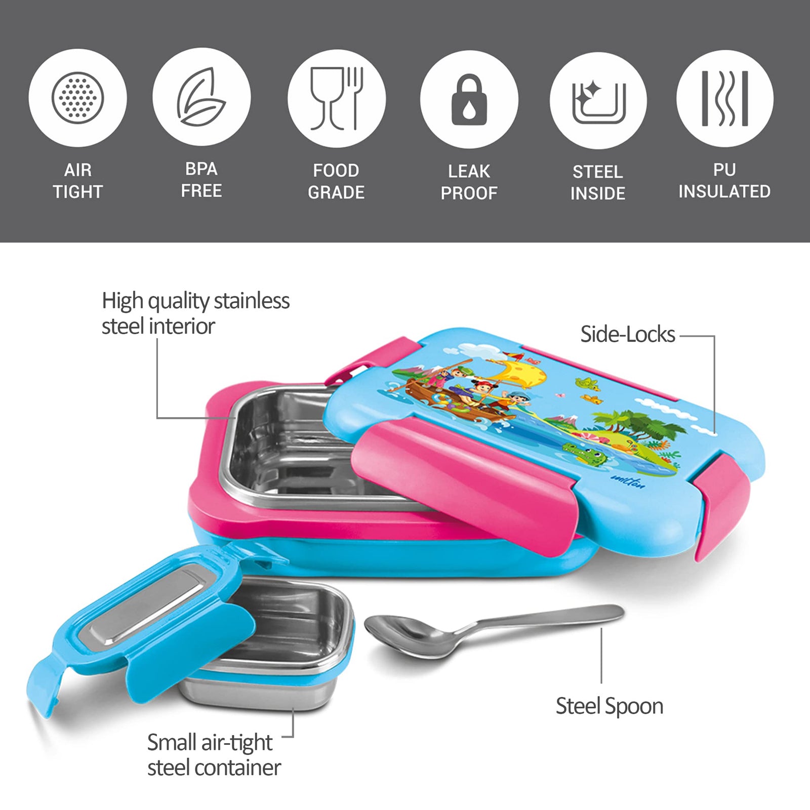 MILTON More Meal Insulated Small Tiffin Box, 600 ml, with Inner Stainless Steel Container, 120 ml and Spoon| Food Grade | Inside Steel | School | Kids | Easy to Carry| Multicolor