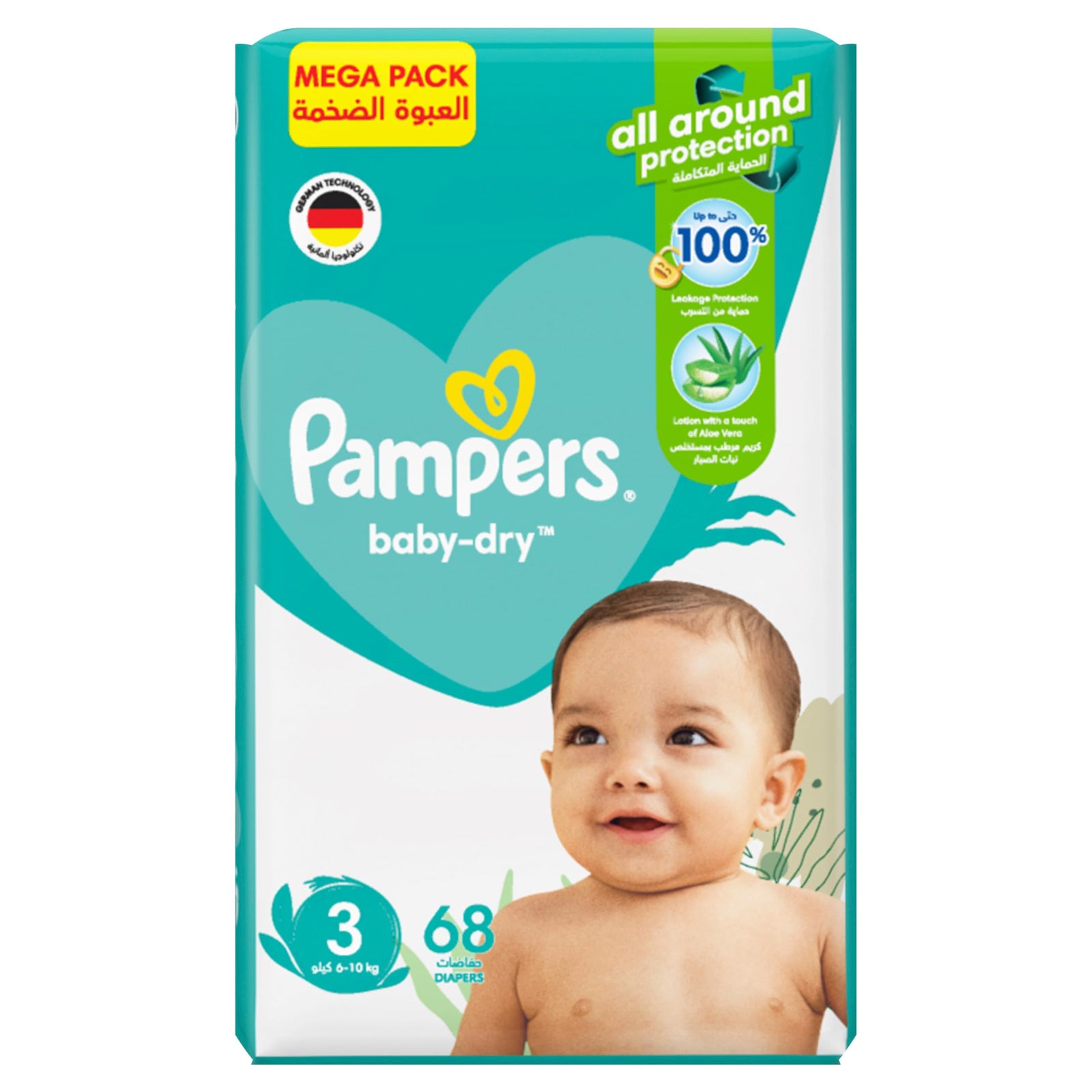 Pampers Baby-Dry Taped Diapers with Aloe Vera Lotion, up to 100% Leakage Protection, Size 3, 6-10kg, 68 Count