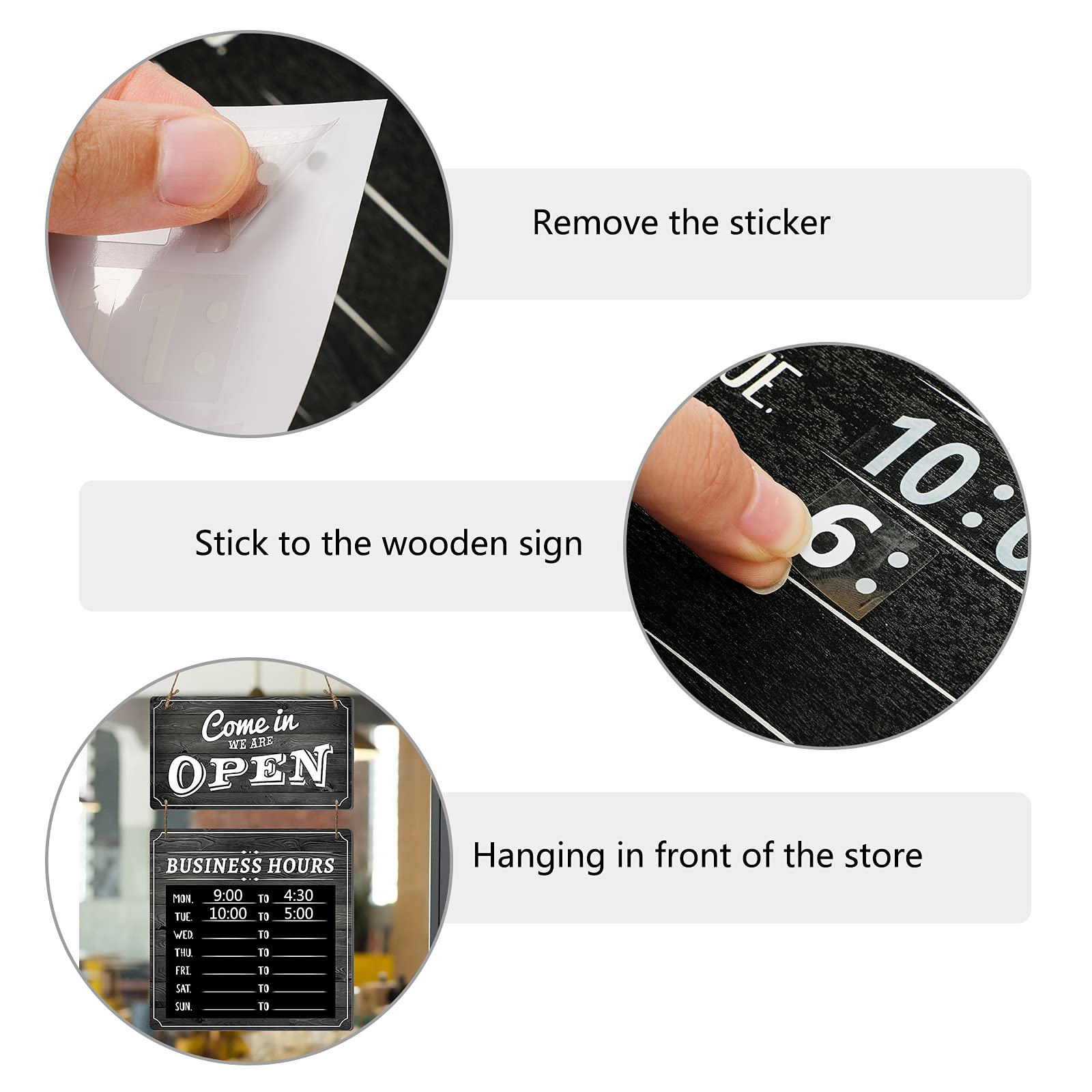 Chinco Business Hours Sign Store Hanging Open and Closed Double Sided Wooden Hangable Decorative Welcome Boards with Time Digital Stickers Hook for Shop (Black Board)