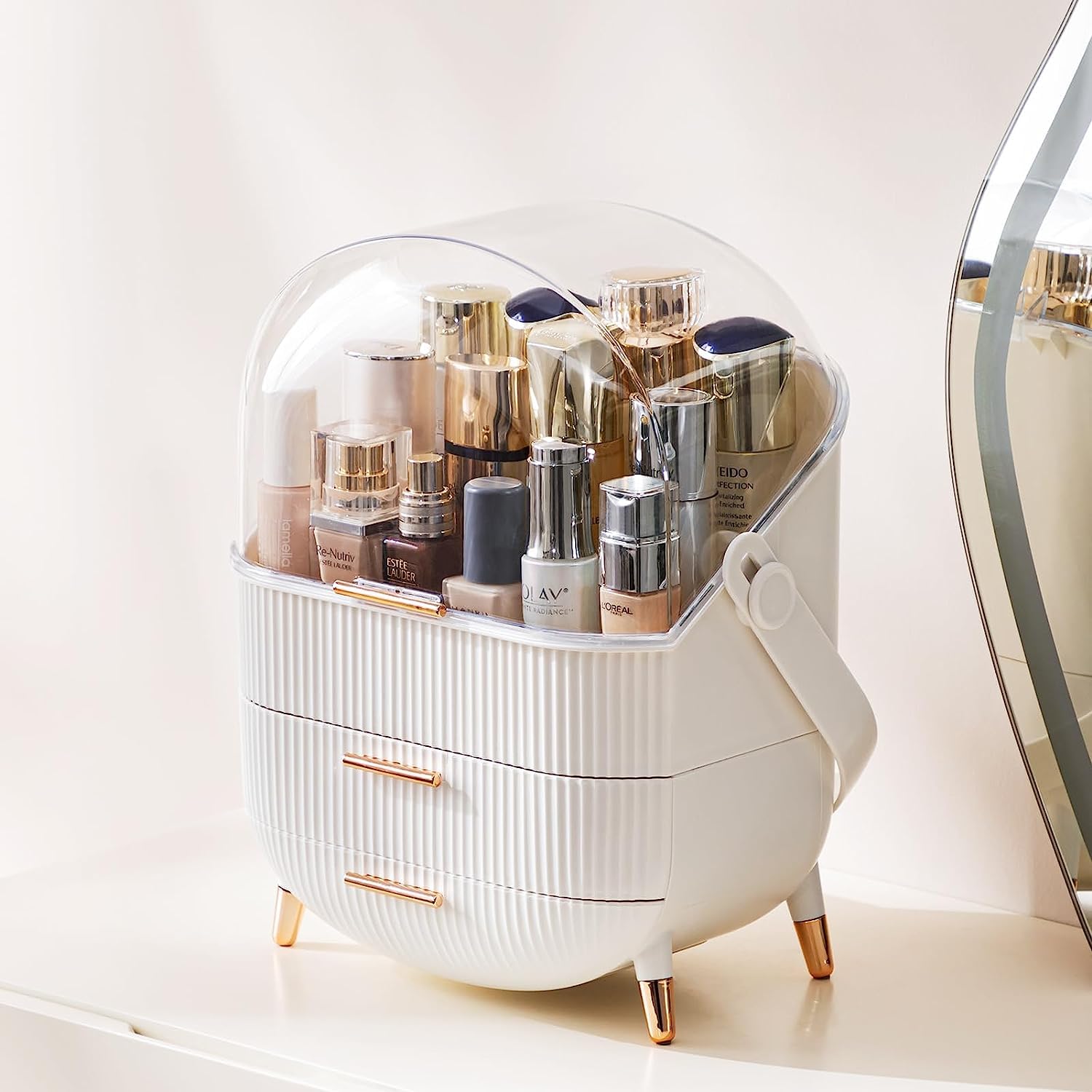 Kousee Makeup Storage Organizer, Skincare Organizers Cosmetic Display Case with Dust Free Cover Portable Handle, Waterproof Makeup Box for Vanity Countertop Bathroom Dresser- White