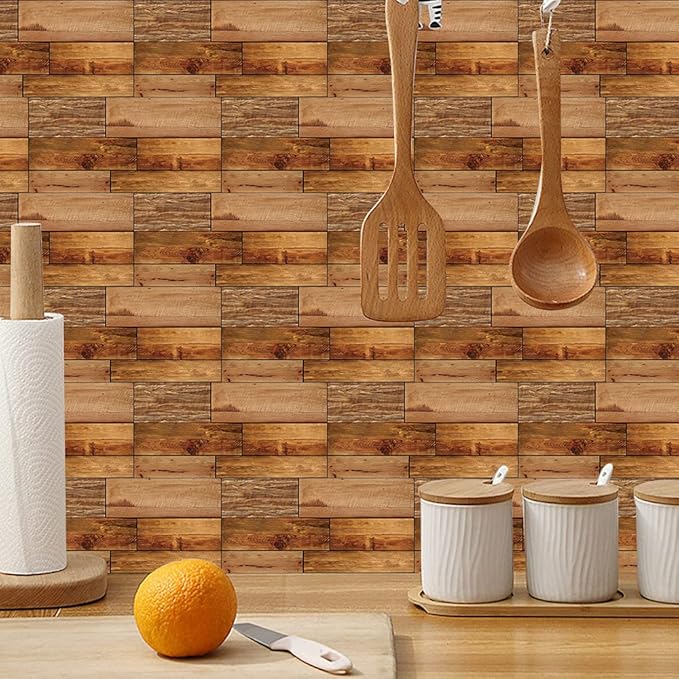 Homya 18-Piece Creative Matte 11.81 inch * 5.9 inch 3D Wood Grain Wall Sticker Peelable Self-Adhesive Kitchen Wall Countertop Decoration Sticker