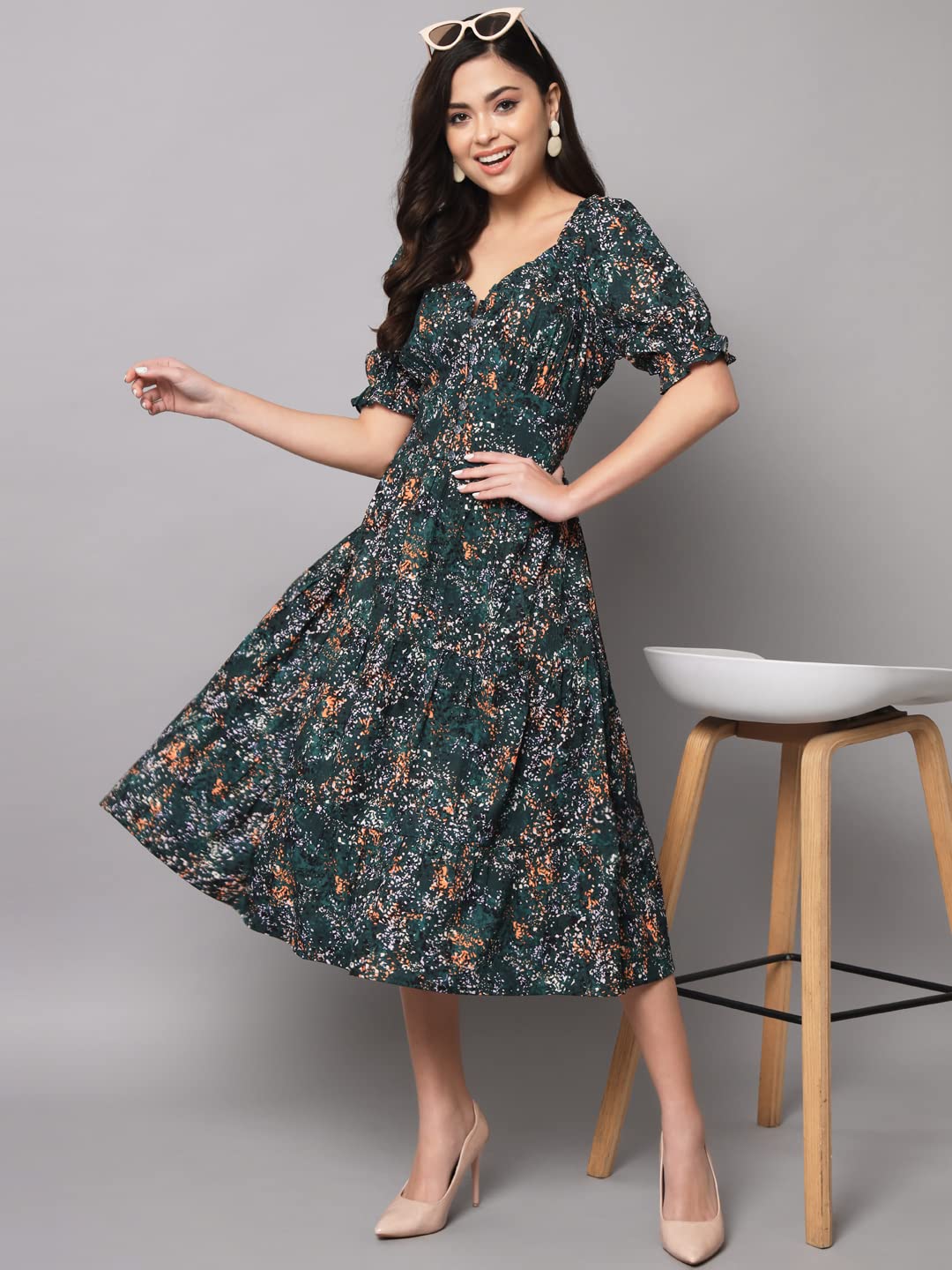 Styleville,A-Line Green Jungle Print Dress