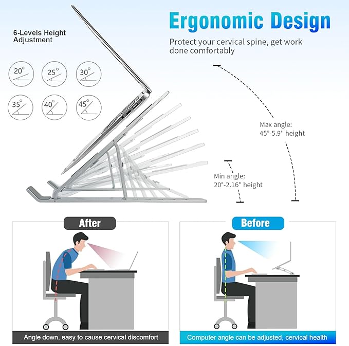 SKY-TOUCH Laptop Stand for Desk, Adjustable ABS+Silicone Foldable Portable Laptop Holder, Ventilated Cooling Notebook Stand for MacBook Pro Air, Lenovo, Dell, HP, Laptops,Tablet - silver-new