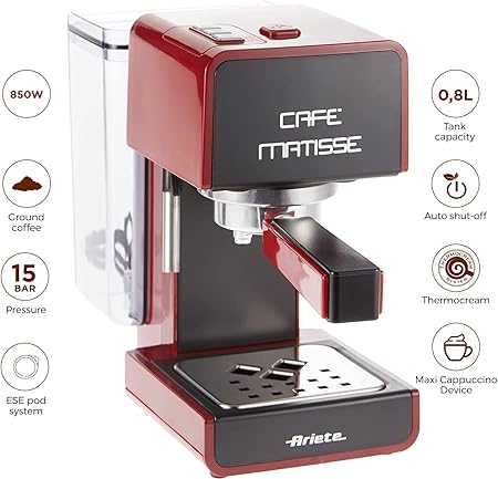 Ariete Pump Espresso Coffee Machine with Milk Frother, Ground Coffee and Pods Compatible, Maxi Cappuccino Maker, Auto Shut-off Function, 850W, 15 Bar, for Homes, Offices - Red ART1363