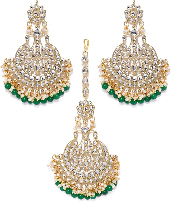 ZAVERI PEARLS Women Gold Tone Kundan & Green Beads Traditional Base Metal Earring & Maangtikka Set (Zpfk8540)