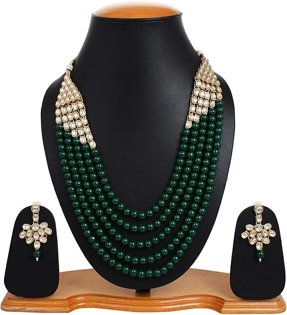 Shining Diva Fashion Latest Design Stylish 5 Layer Faux Pearl and Kundan Rani Haar Party Wear Traditional Necklace Jewellery Set for Women, Gold Plated, Pearl