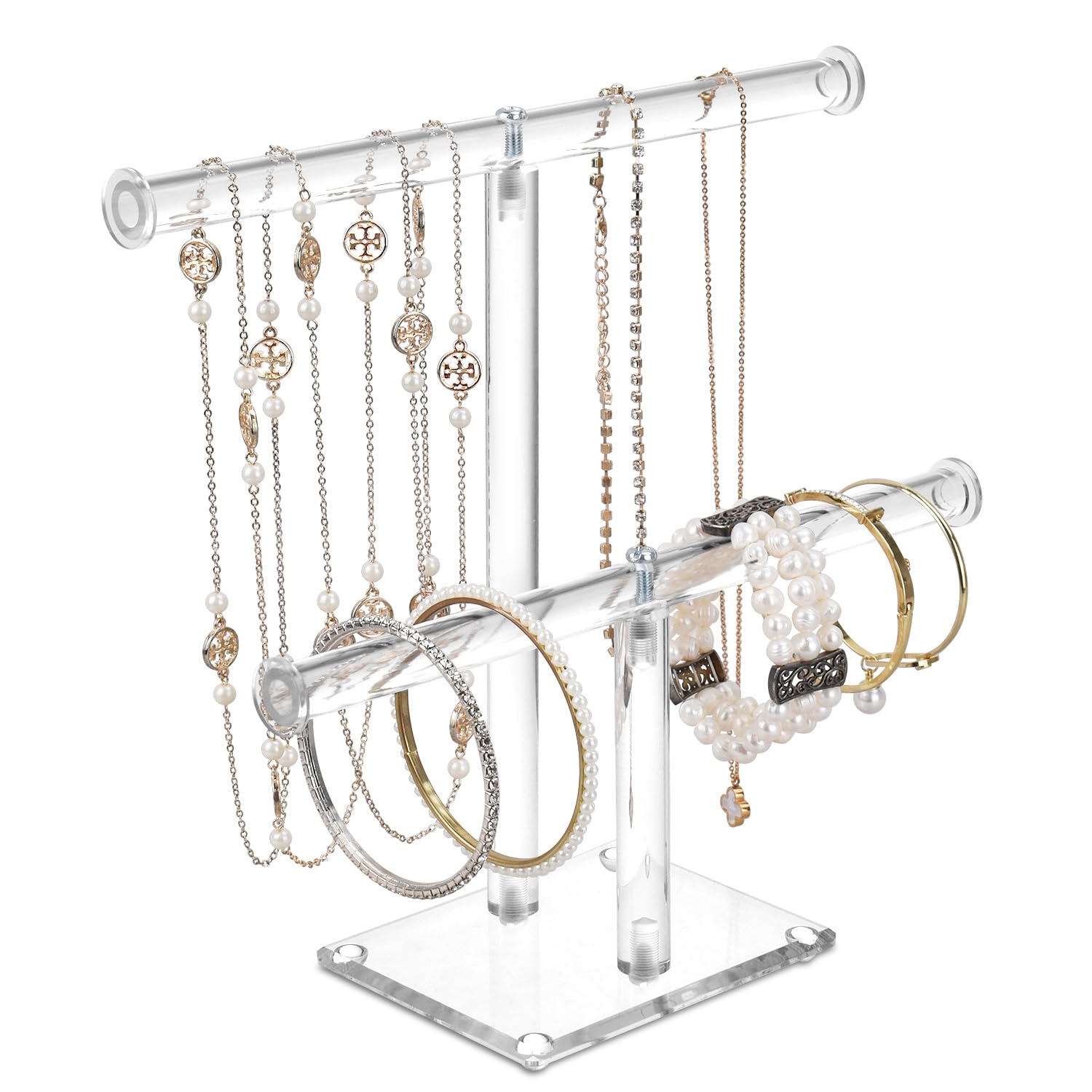 Mooca Deluxe Clear Acrylic Round Bracelet Display Holder 2 Tier T-bar Jewelry Display Bracelet Display Holder Stand Acrylic Bracelet Display Organizer Jewelry Holder (2-Bar)