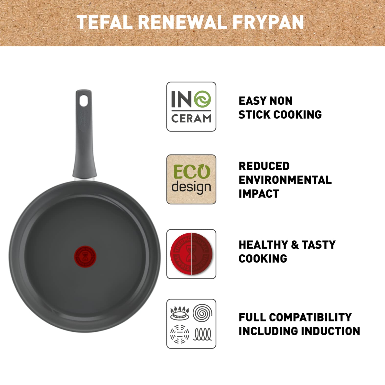 TEFAL Frying Pan |Renewal 30 cm Non-Stick Ceramic Coating Fry Pan |Eco-Designed |Recycled |Healthy Cooking |Thermo-Signal™ |Safe |Made in France |Induction Compatible | C4260753