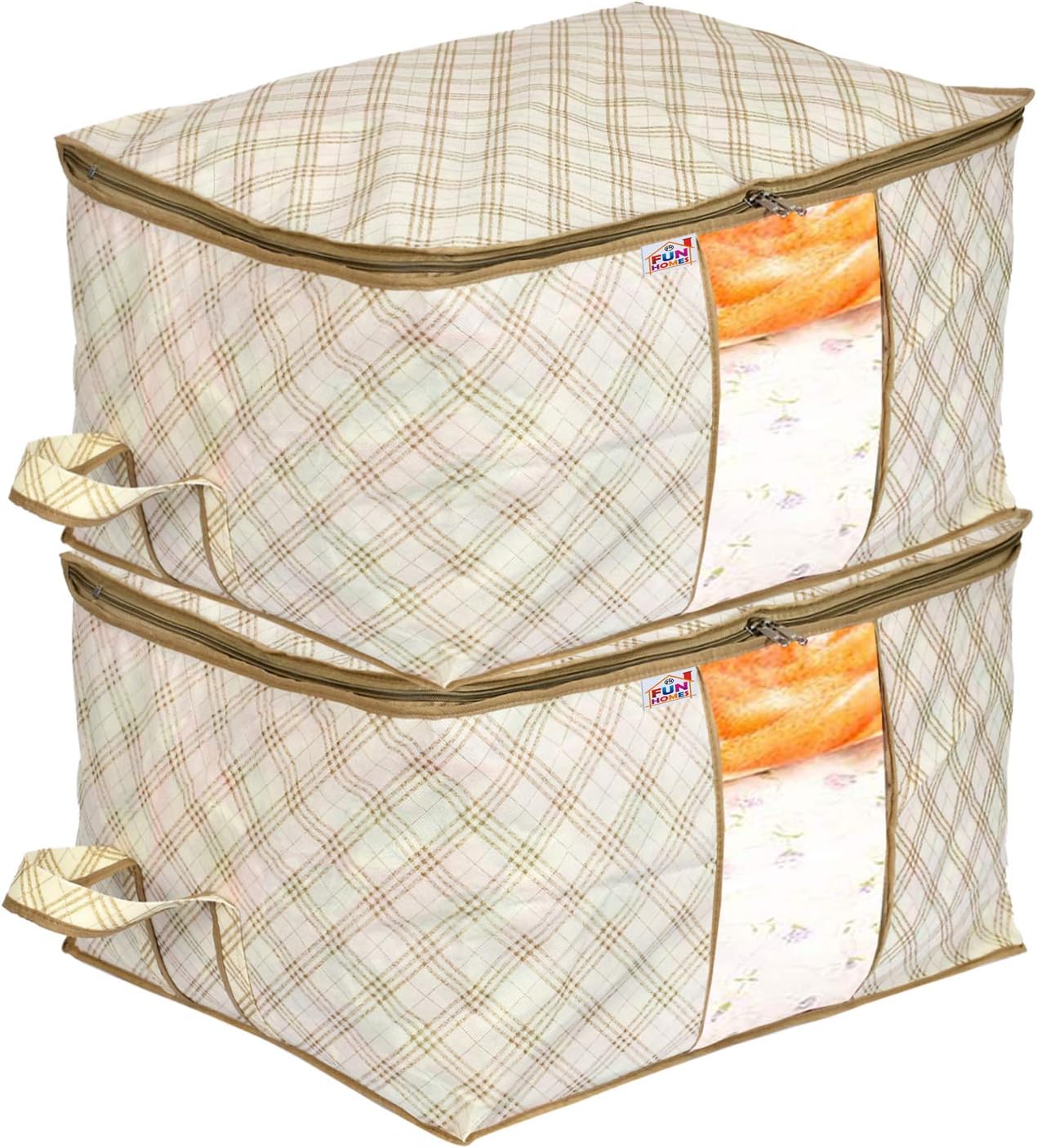 Fun Homes Metalic Checkered Print Non Woven 2 Pieces Underbed Storage Bag,Cloth Organiser,Blanket Cover with Transparent Window (Ivory)-FUHHNH16583