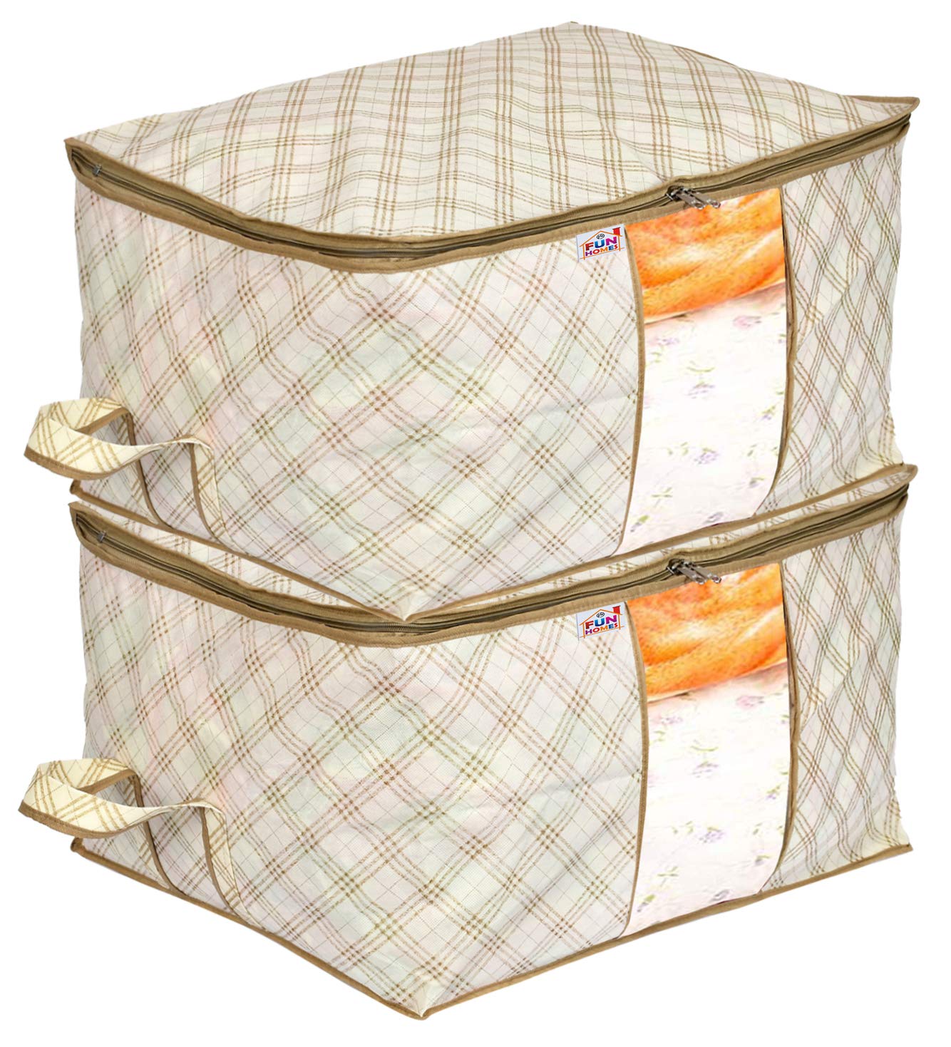 Fun Homes Metalic Checkered Print Non Woven 2 Pieces Underbed Storage Bag,Cloth Organiser,Blanket Cover with Transparent Window (Ivory)-FUHHNH16583
