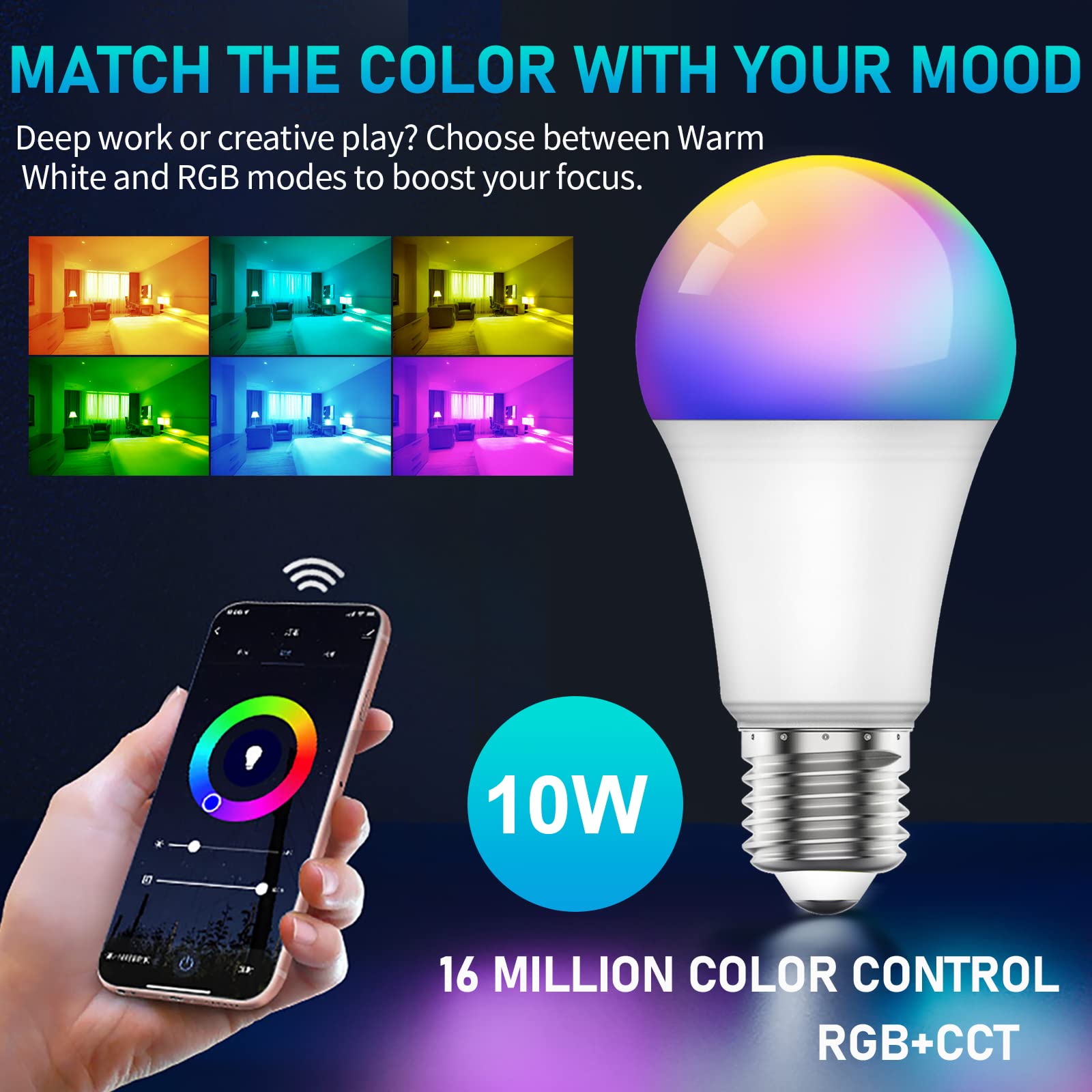 Sky-Touch Smart Light Bulb, Multi Color Changing Dimmable Smart Wifi And Bluetooth Compatible With Alexa And Google Home Assistant, 10W