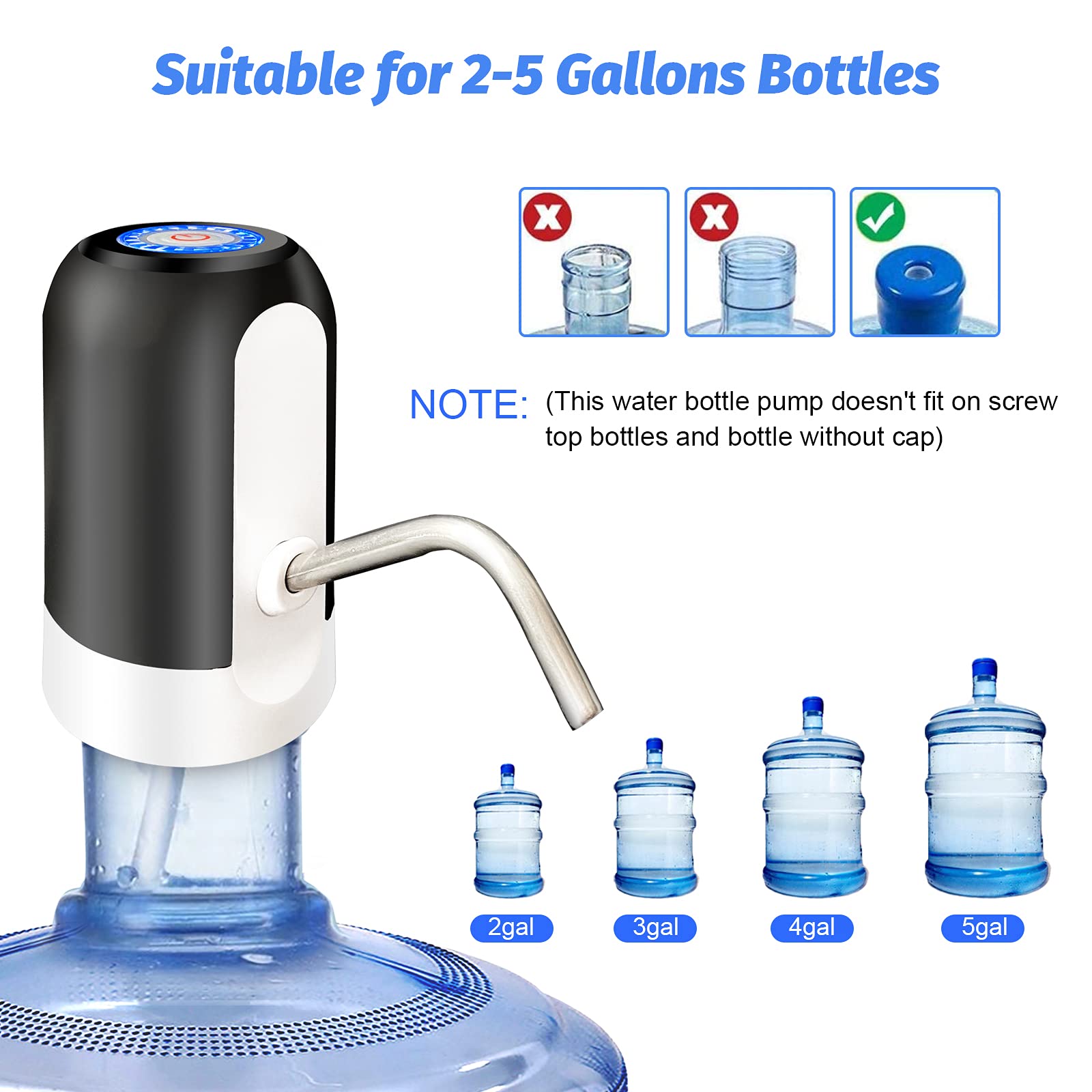 SKY-TOUCH 5 Gallon Water Bottle Pump, USB Charging Portable Electric Water Pump for for for 2-5 Gallon Jugs USB Charging Portable Water Dispenser for Office, Home, Camping, Kitchen and etc. Black