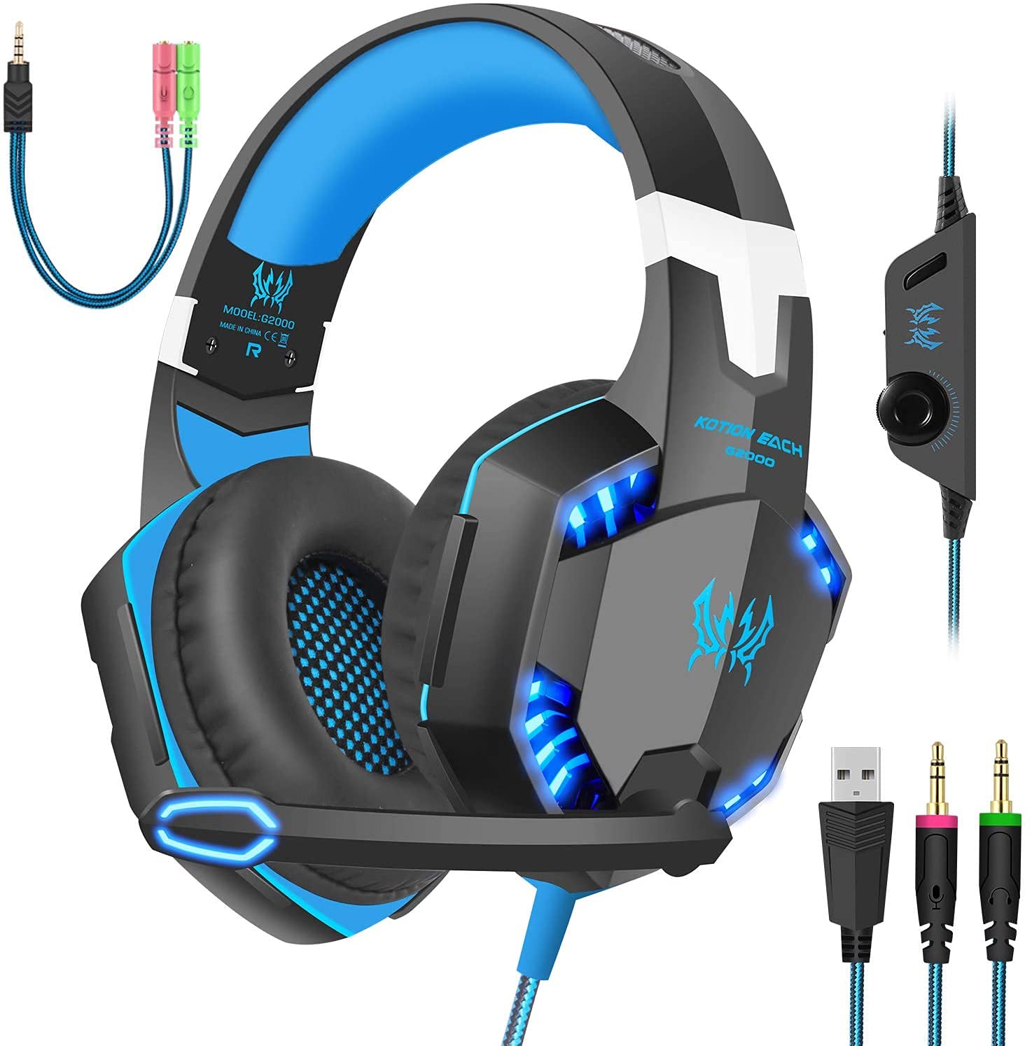 Ntech G2000. Gaming Headset for PS5, PS4, PC, Xbox. One, Surround Sound Over Ear Headphones with Mic, LED Light for Mac Laptop Switch PlayStation. Xbox. Series X/S, Wired