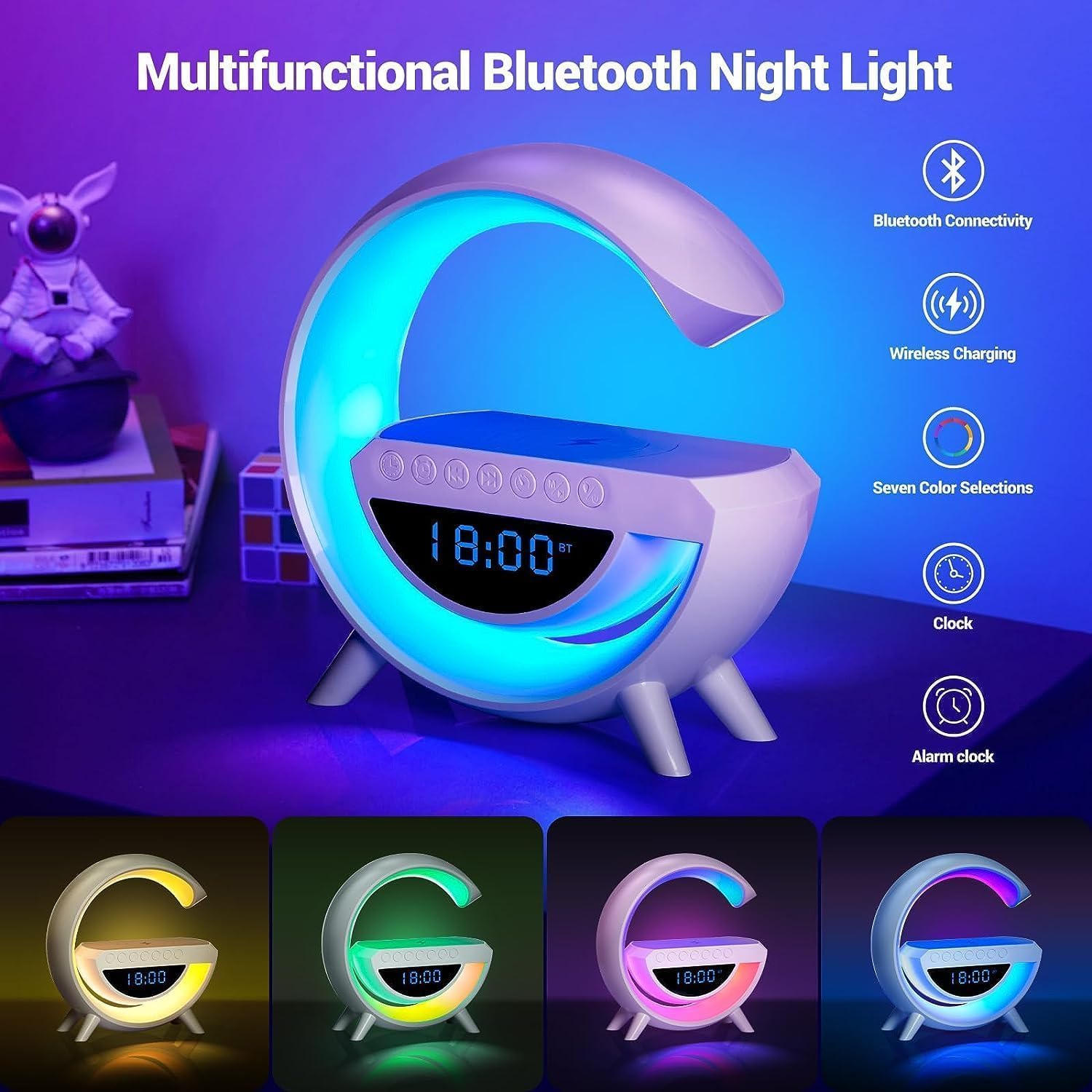 SGG Atmosphere Night Light Wireless Phone Charger Bluetooth Speaker Alarm Clock All in One LED Table Lamp for Bedroom, Living Room, Office, Ideal Gift Choice (BT-3401)