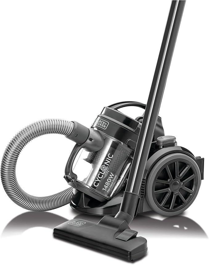 Black & Decker 1480W Corded Vacuum Cleaner, 1.8L Capacity, Multi-Cyclonic Bagless with 18KPa Suction Power, 6-Stage Filtration, and 360° Swivel Hose (Model VM1480-B5)