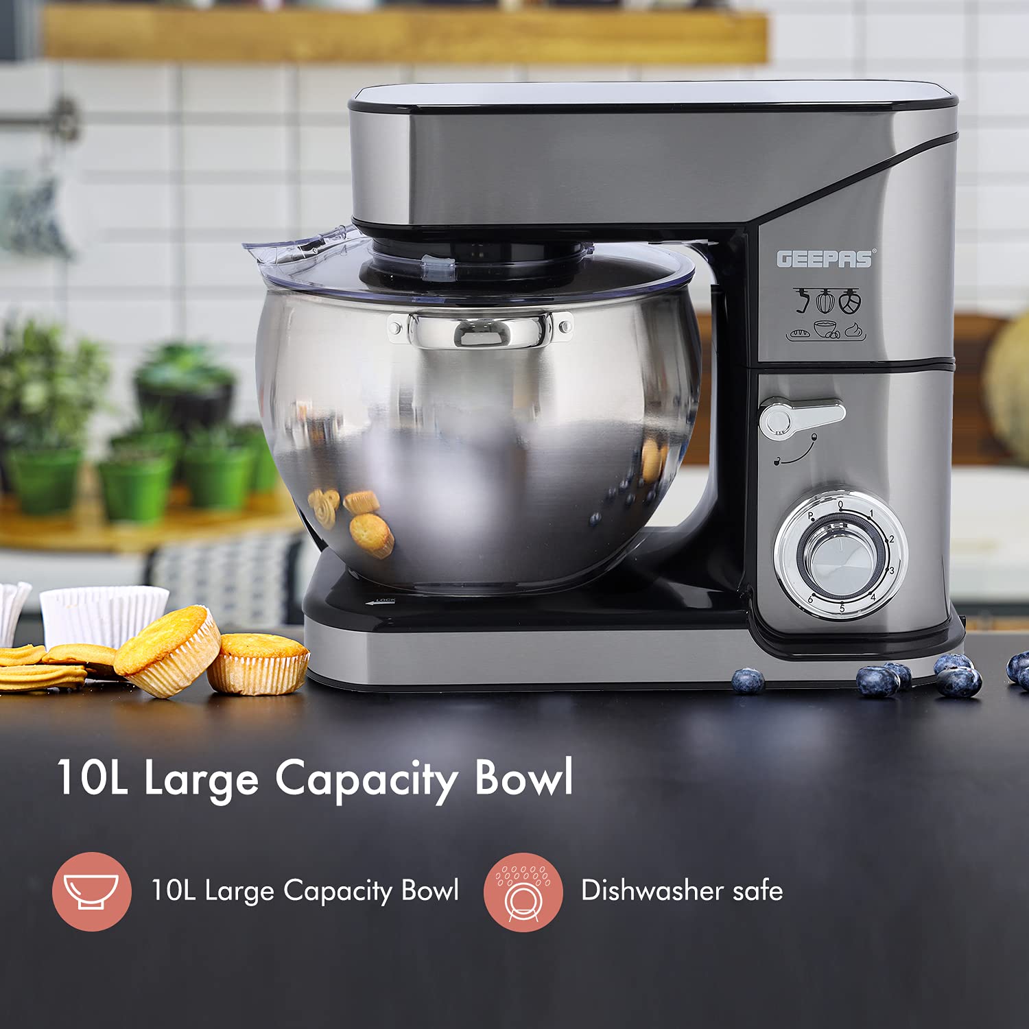 Geepas 2000W Stand Mixer 10L Stainless Steel Mixing Bowl For Bread & Dough, Tiltup Head 6 Speed With Pulse Power Indicator , Multicolor, Gsm43041