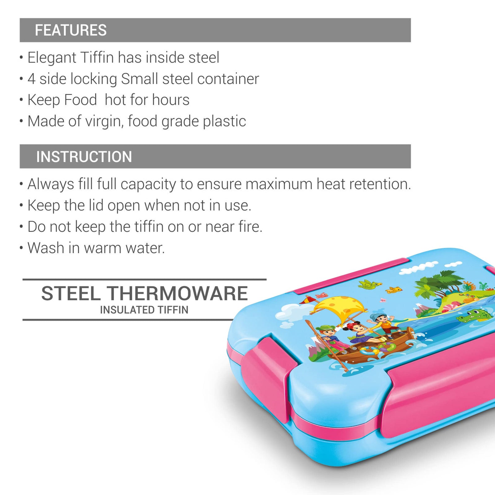 MILTON More Meal Insulated Small Tiffin Box, 600 ml, with Inner Stainless Steel Container, 120 ml and Spoon| Food Grade | Inside Steel | School | Kids | Easy to Carry| Multicolor