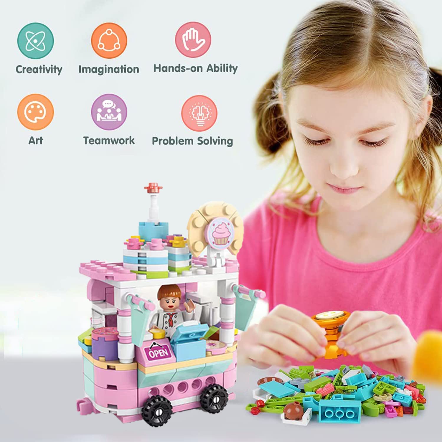 GGEROU Food Cart Building Block Toy Set for Kids，Building Block Playset，Building Kit Street Food Construction Toys Gifts for Boys Girls Aged 4 5 6 7 8+ (Dessert Cart)