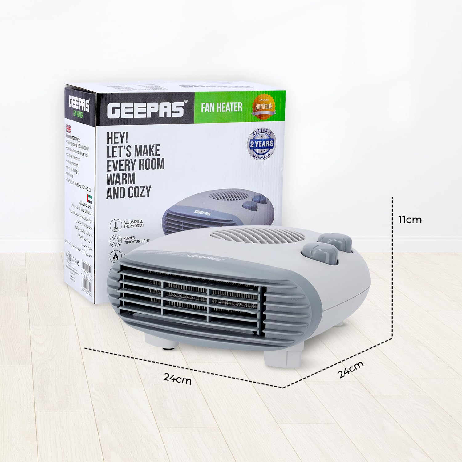 Geepas Portable Flat Fan Heater – Upright or Flatbed, Adjustable Thermostat with 2 Heat Settings 1000-2000W & Overheat Protection - Lightweight Heater with Cool, Warm & Hot Wind
