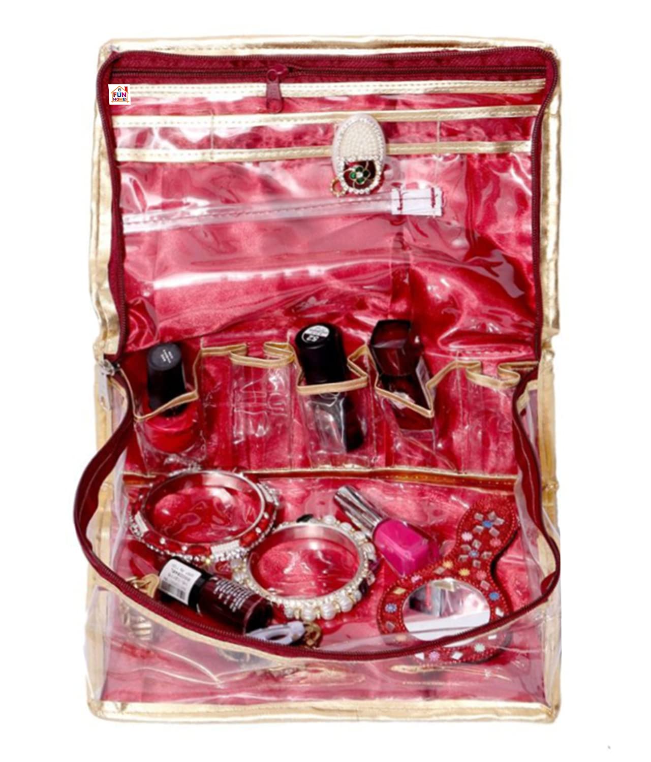 Fun Homes Laminated Jewellery Box/Organizer For Travel with Golden Border (Maroon)-HS_38_FUNH21034