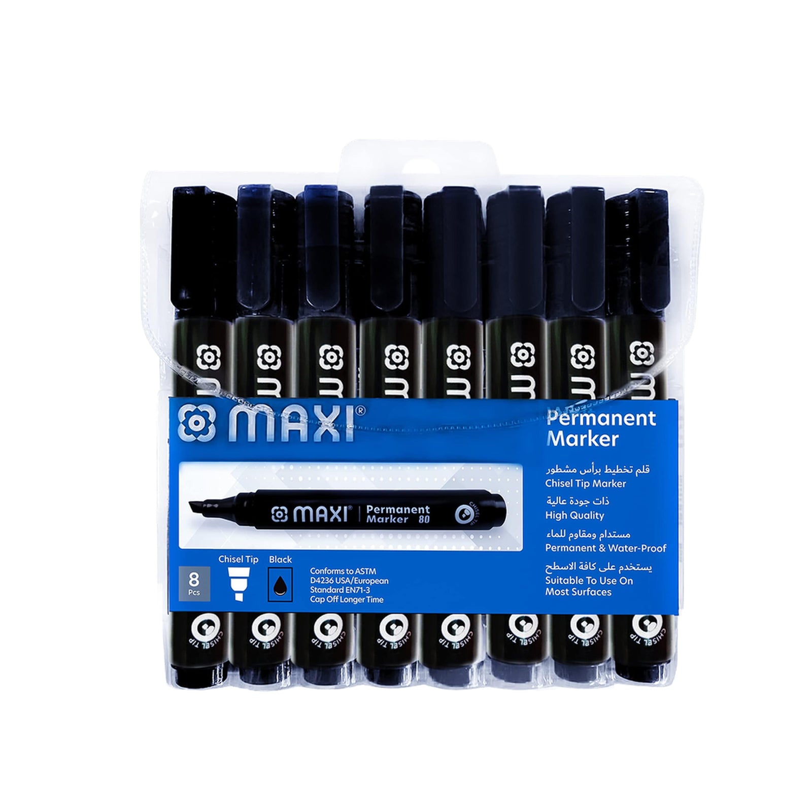 Maxi Permanent marker with Chisel tip 8pc Red. Suitable to use on most surfaces. Mark and write on any non-porous surface such as wood, glass, plastic, or cardboard.