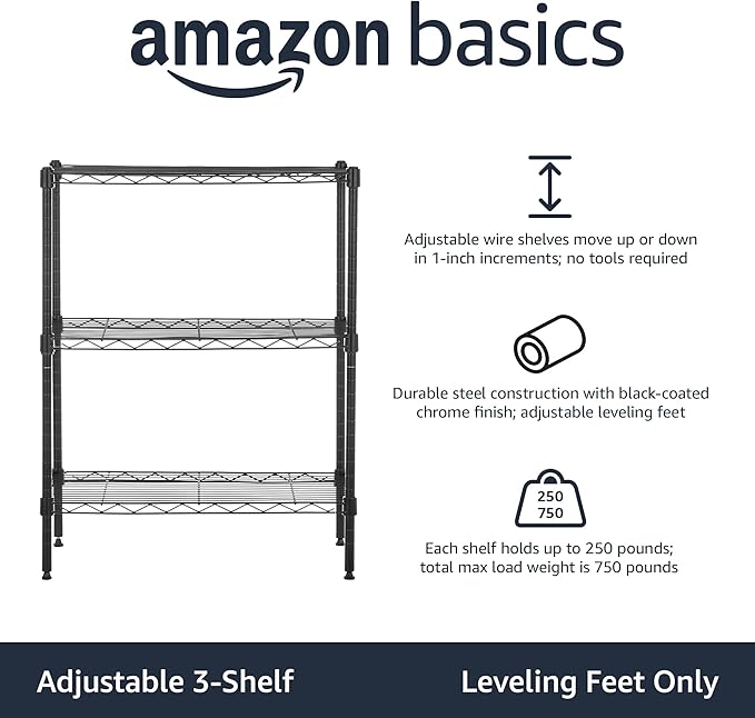 Amazon Basics 3-Shelf Adjustable, Heavy Duty Storage Shelving Unit (113.3 kilograms loading capacity per shelf), Steel Organizer Wire Rack, Black, 58.9 x 34 x 193.5 centimeters