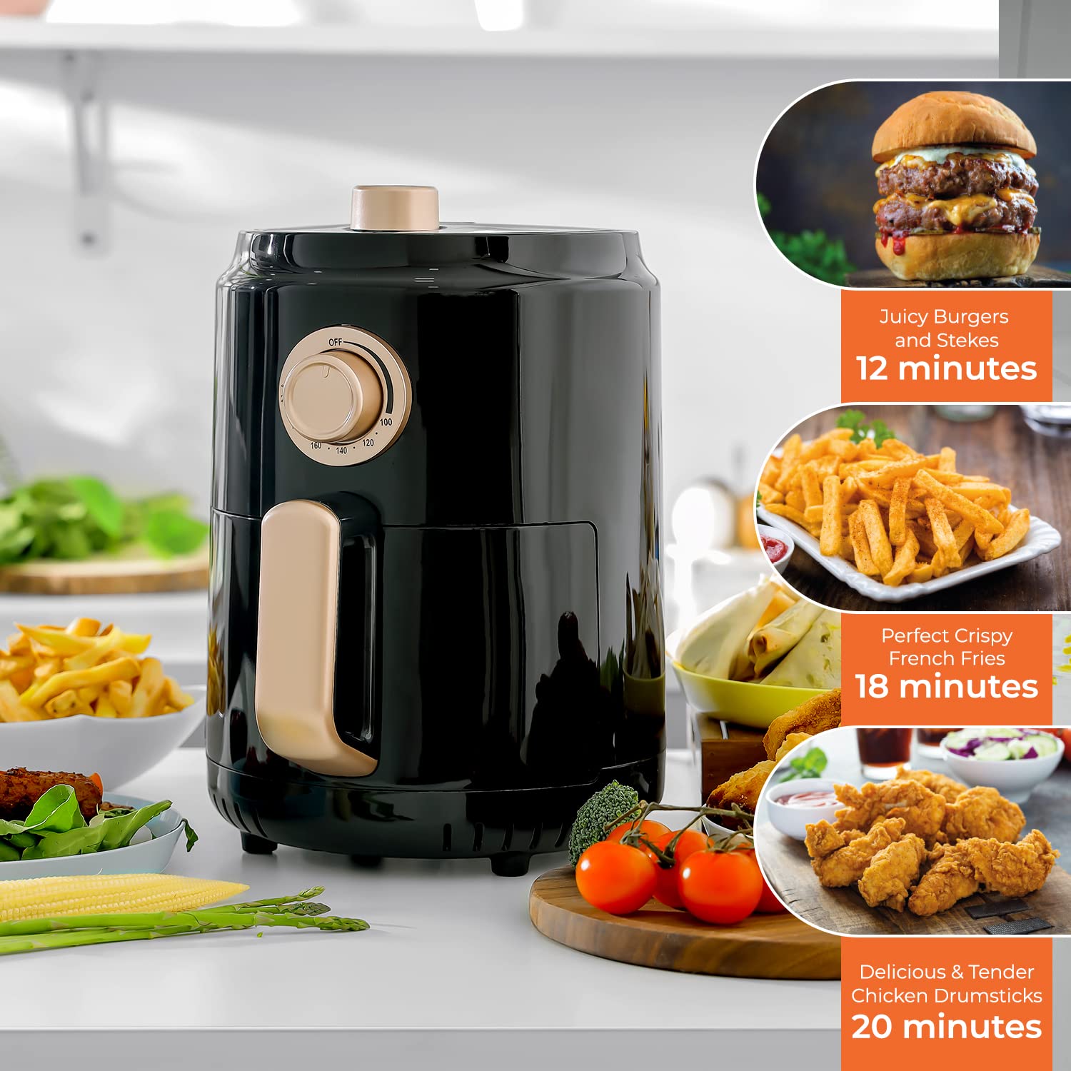 Geepas GAF37516 1000W Air Fryer with LED On-Off Lights and 30 Minutes Timer, 1.8 Liter Capacity, Black