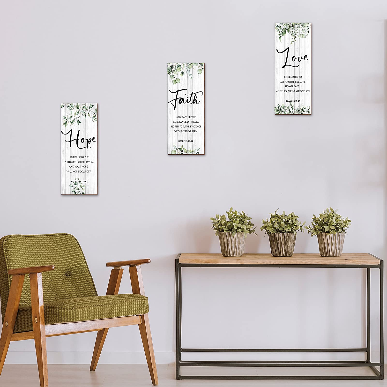 Blulu 3 Pieces Faith Hope Love Wall Decor Bible Verse Inspirational Wall Art Hanging Wall Plaque Rustic Wooden Green Leaves Wall Sign Scripture Quote for Home Bedroom Wall Decoration