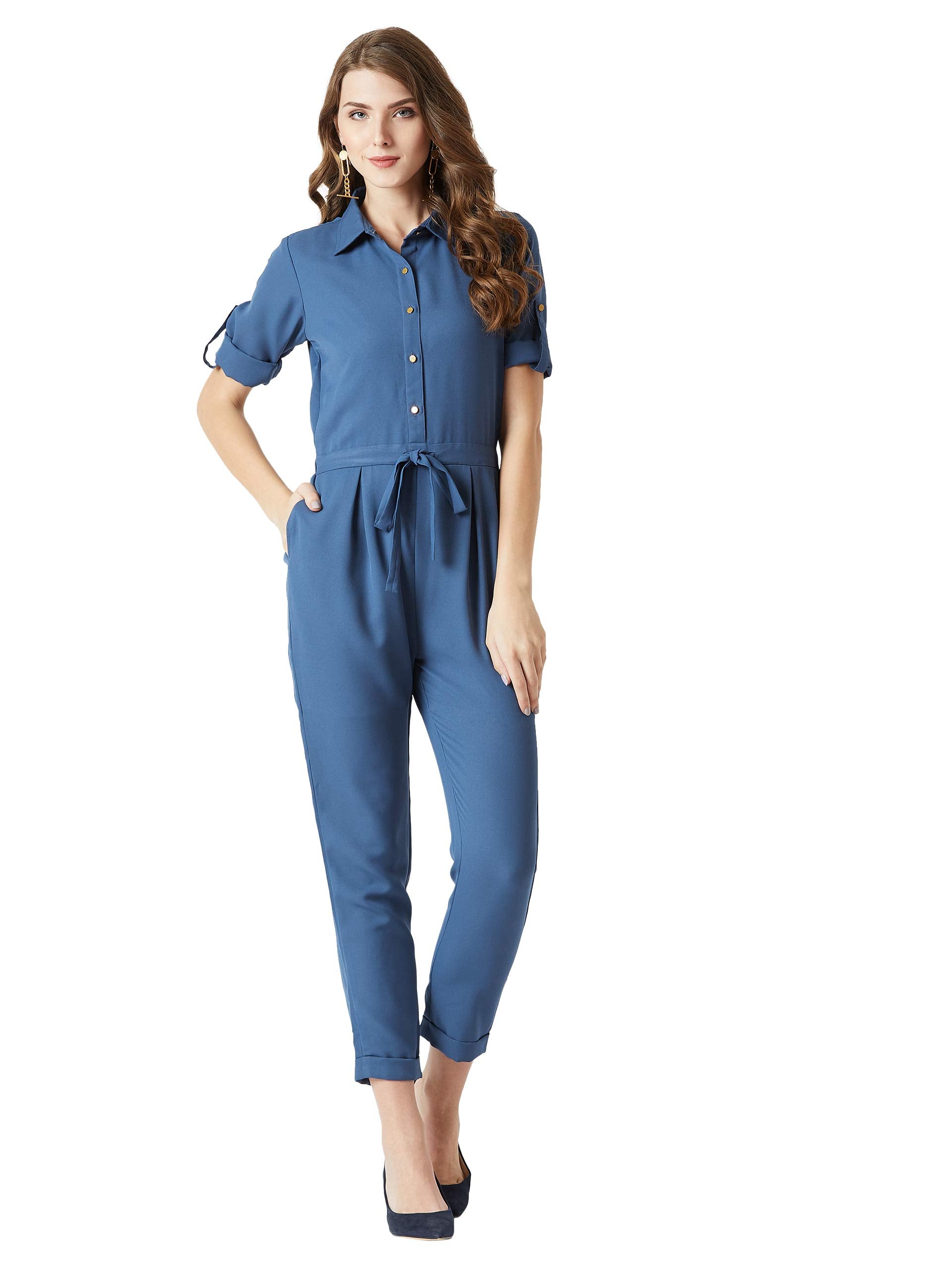 Miss Olive Women's Regular Fit Shirt Style Solid Jumpsuit.Azure Blue.L