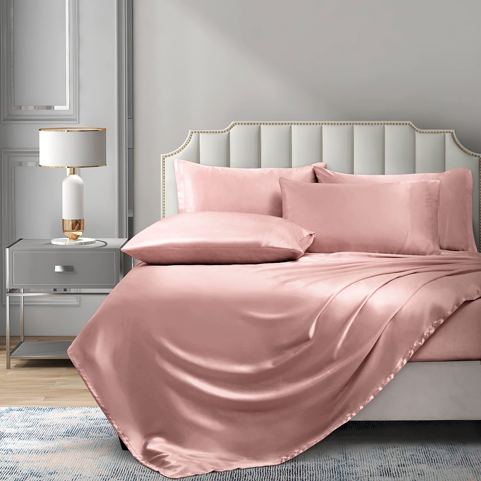 P Pothuiny Satin Sheets King (6 Pieces, Champagne) Luxury Silky Satin Bed Sheets King Bedding Set, Extra Soft Satin Sheet Set, 1 Satin Fitted Sheet + 1 Flat Sheet + 4 Pillow Cases