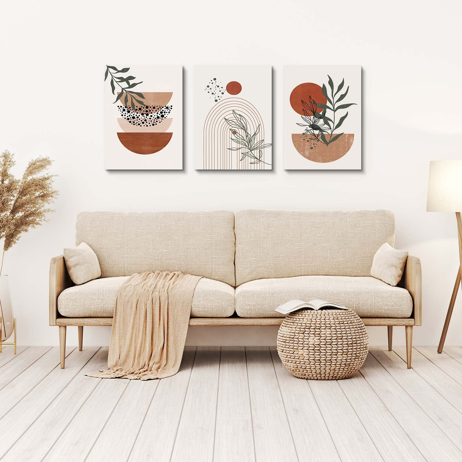 Boho Wall Art Prints, Boho Wall Decor, Mid Century Modern Wall Art, Set of 3 Prints, Abstract Geometric Prints Black Beige Terracotta Minimalist Art, Natural Framed Canvas Prints Artwork For Living