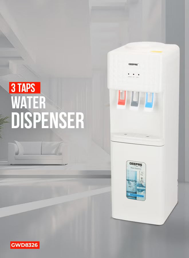 3 Taps Water Dispenser with Hot, Normal and Cold Function, Stainless Steel Tank/ 2.8 L, 1.0 L Capacity, Perfect for Home, School, Apartments, Office, etc. GWD8326 White