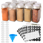 MONICA 14-Piece Glass Spice Jar Set with 2 Types of Spice Labels, 4oz Empty Square Spice Bottles, Three Types of Shaker Lids, and Airtight Metal Caps - White Paint Pen and Collapsible Silicone Funnel Included