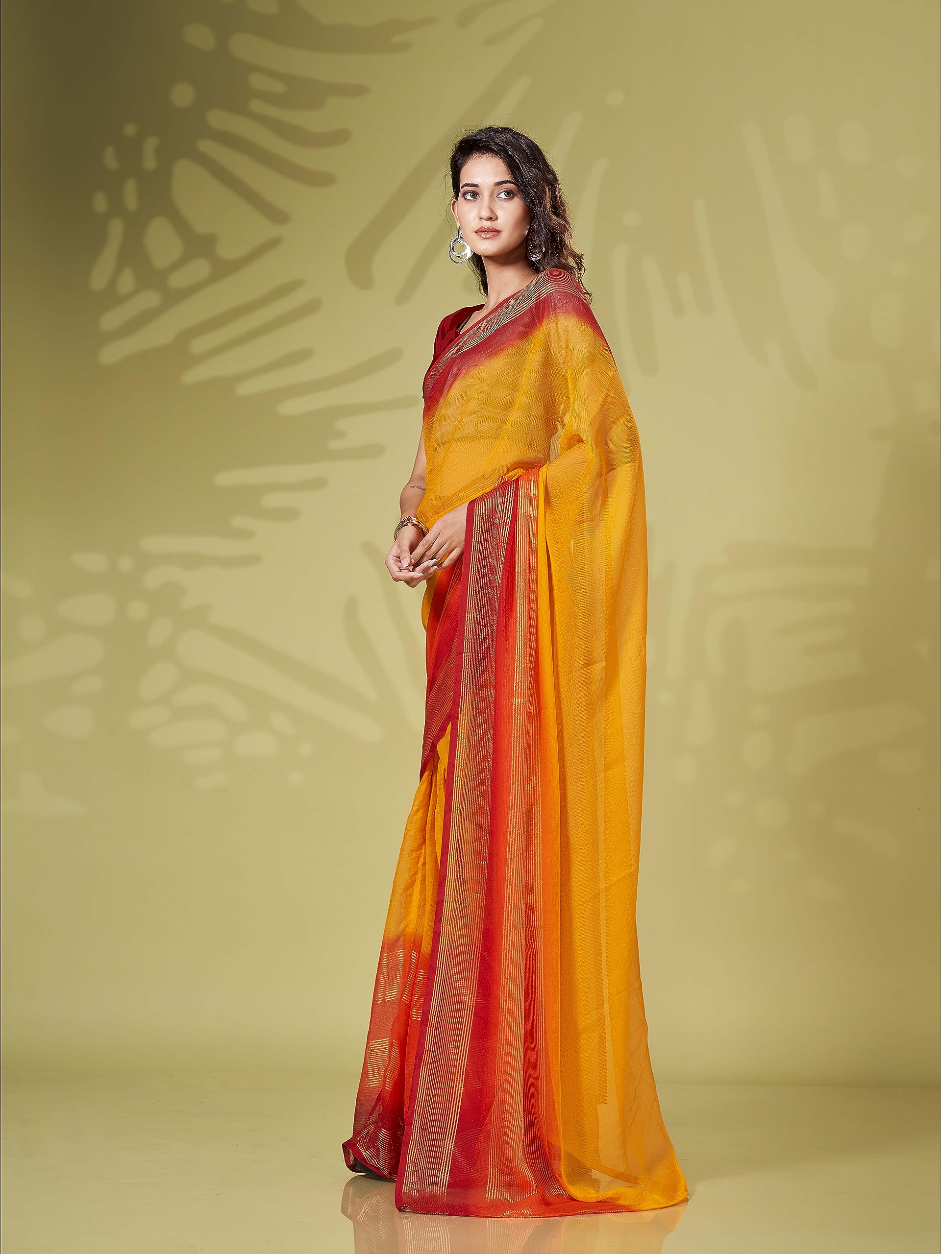 Womanista Women's Solid Poly Chiffon Ready to Wear Saree (TI4058_Yellow & Red)