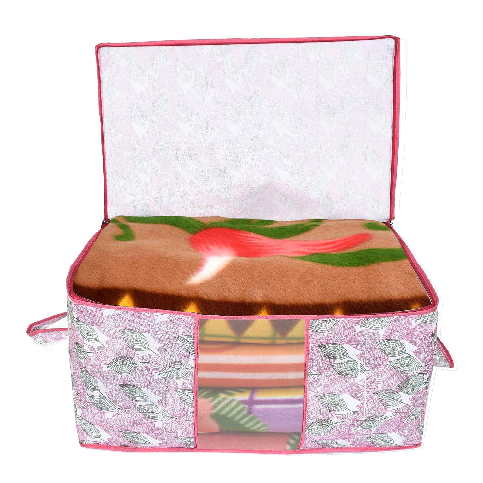 Fun Homes Metalic Leafy,Flower Print Non Woven 2 Pieces Underbed Storage Bag,Cloth Organiser,Blanket Cover with Transparent Window (Pink & Black)-FUHHNH16633