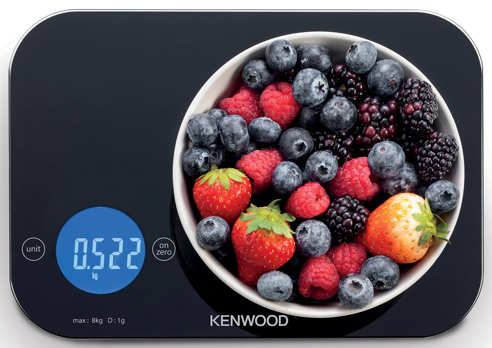 Kenwood Digital Kitchen Scale | Food Scale | Weighing Scale | Weight Scale | 8Kg/22lbs Capacity 4MM Tempered Glass, Touch Control, Tare/Zero Function, Auto Shut-Off (Batteries Included) WEP50.000BK