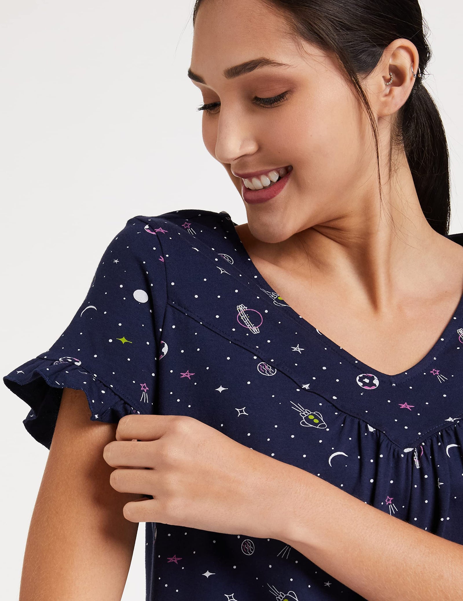 Amazon Brand - Eden & Ivy Women's Cotton All Over Print Knee Length Nightdress Nightgown (EI-AW20DR01-SC-10)