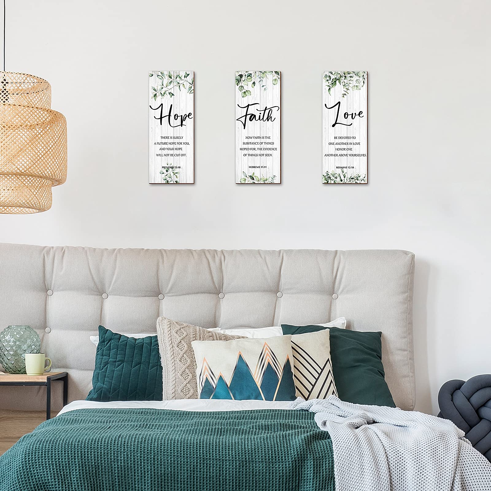 Blulu 3 Pieces Faith Hope Love Wall Decor Bible Verse Inspirational Wall Art Hanging Wall Plaque Rustic Wooden Green Leaves Wall Sign Scripture Quote for Home Bedroom Wall Decoration
