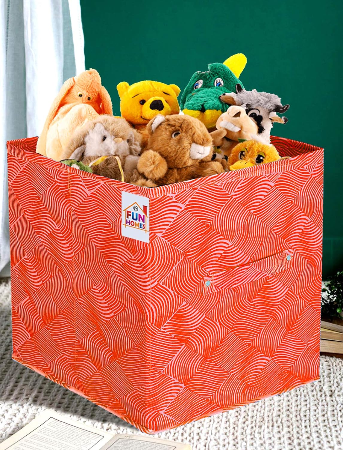 Fun Homes Laheriya Print Non Woven 3 Pieces Fabric Foldable Storage Cubes For Toy,Books,Shoes Box With Handle,Extra Large (Orange)-FHUNH16122