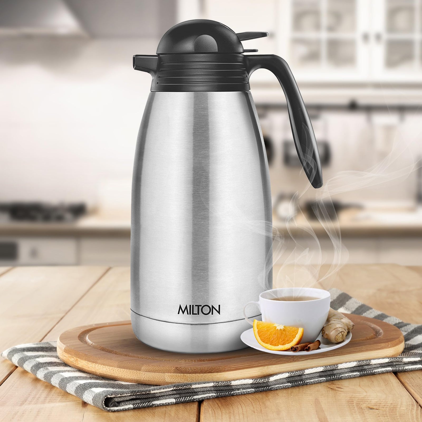 MILTON 2000ml Vacuum Insulated Tea/Coffee Pot with Press Lid, Keeps Drinks Hot and Cold for 24 Hours, 18/8 Stainless Steel Carafe, Double-Walled Flask with Inner Copper Coating - Classic - Silver
