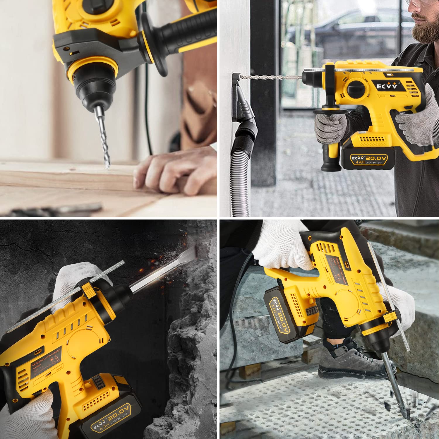 ECVV Rotary Hammer 20V Cordless Brushless Hammer Drill Kit Includes 1 x 4Ah Battery with SDS-Plus Chuck, 4 Modes, Safety Clutch, 360°Rotating Auxiliary Handle for Concrete, Metal & Wood Drilling