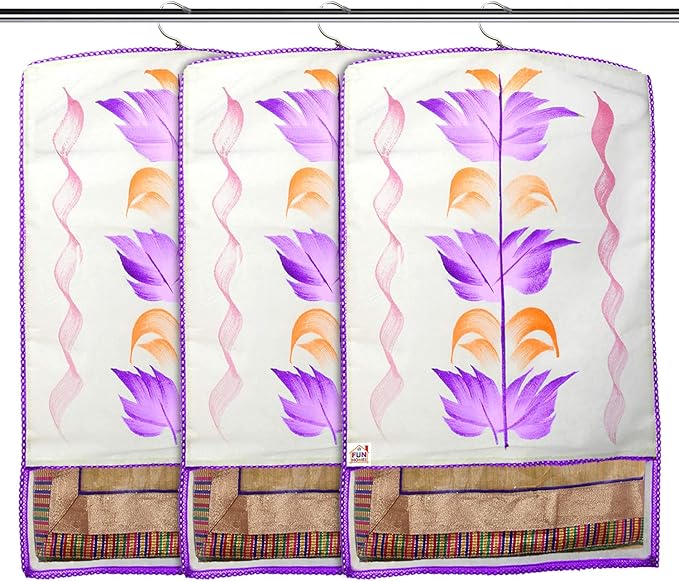 Fun Homes Non Woven Hanging Saree Cover With 1 Zipper Compartment on Back Side- Pack of 3 (Purple)-HS_38_FUNH21510