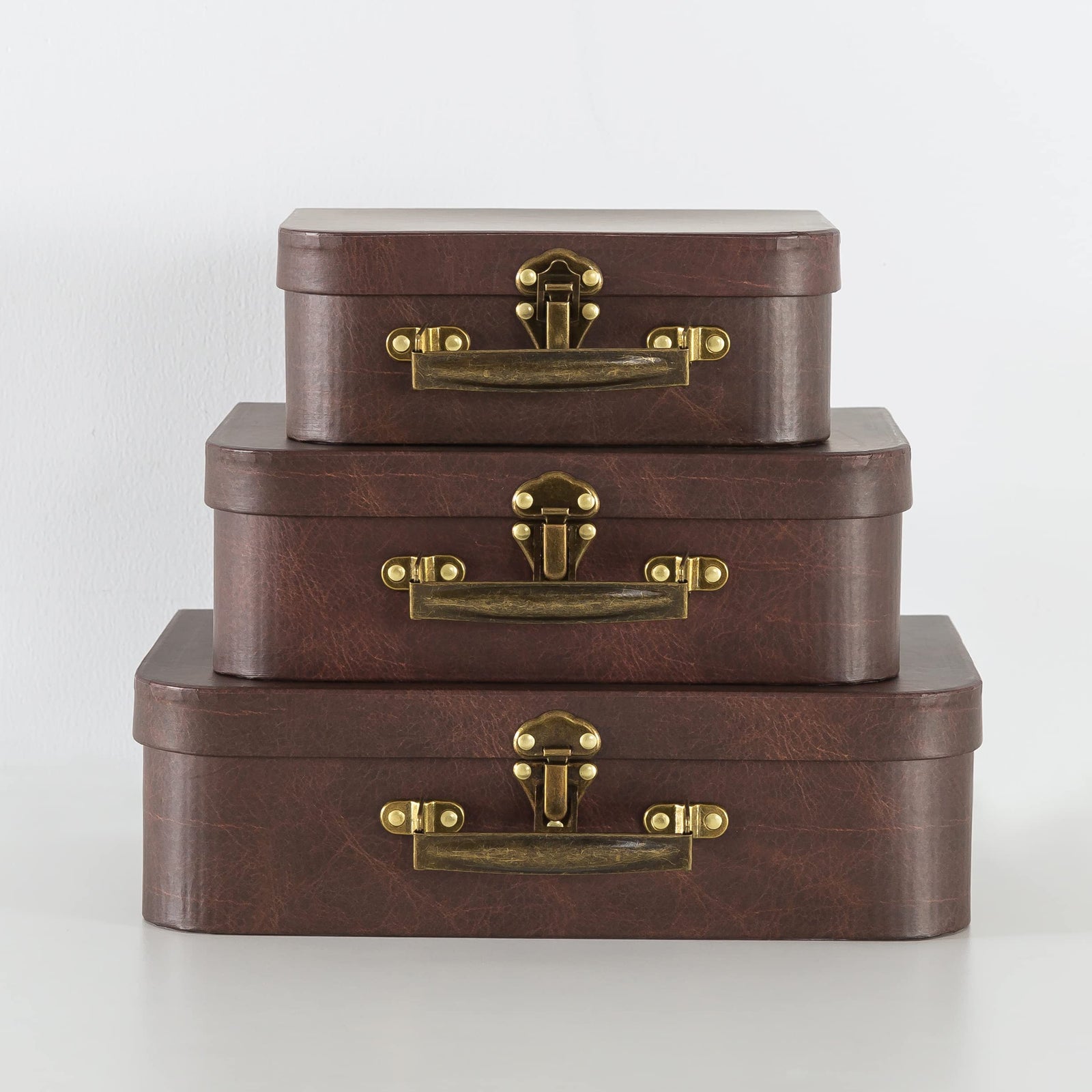Paperboard Suitcases Set of 3, Brown Leather - Vintage Cardboard Suitcase Decor, Nesting Luggage Decorative Mache Boxes with Hinged Lids and Brass Handle, Mini Suitcases for Centerpieces, Photo Props
