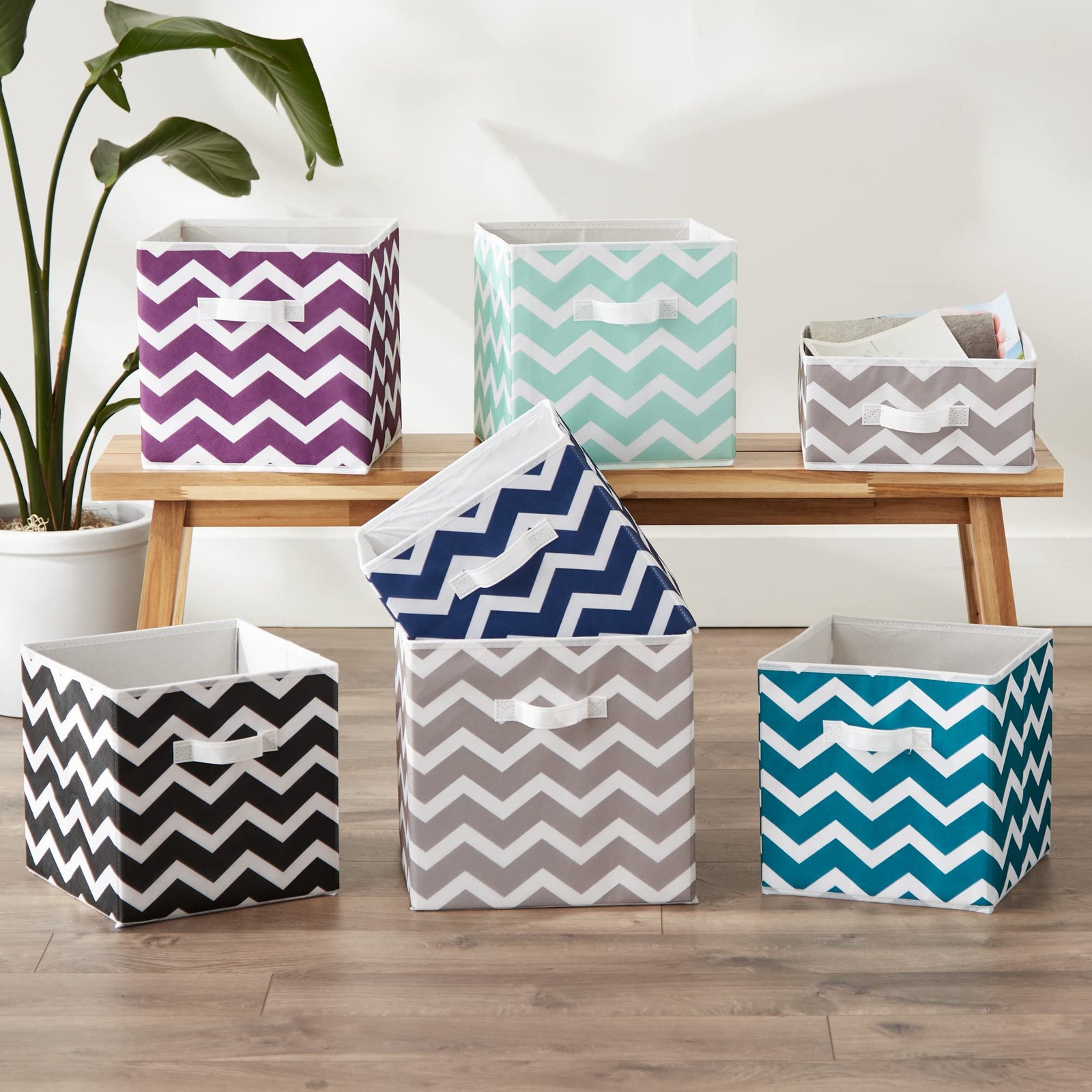 DII Non-Woven Polyester Storage Bins, Chevron Pattern, Black, Small - Set of 2